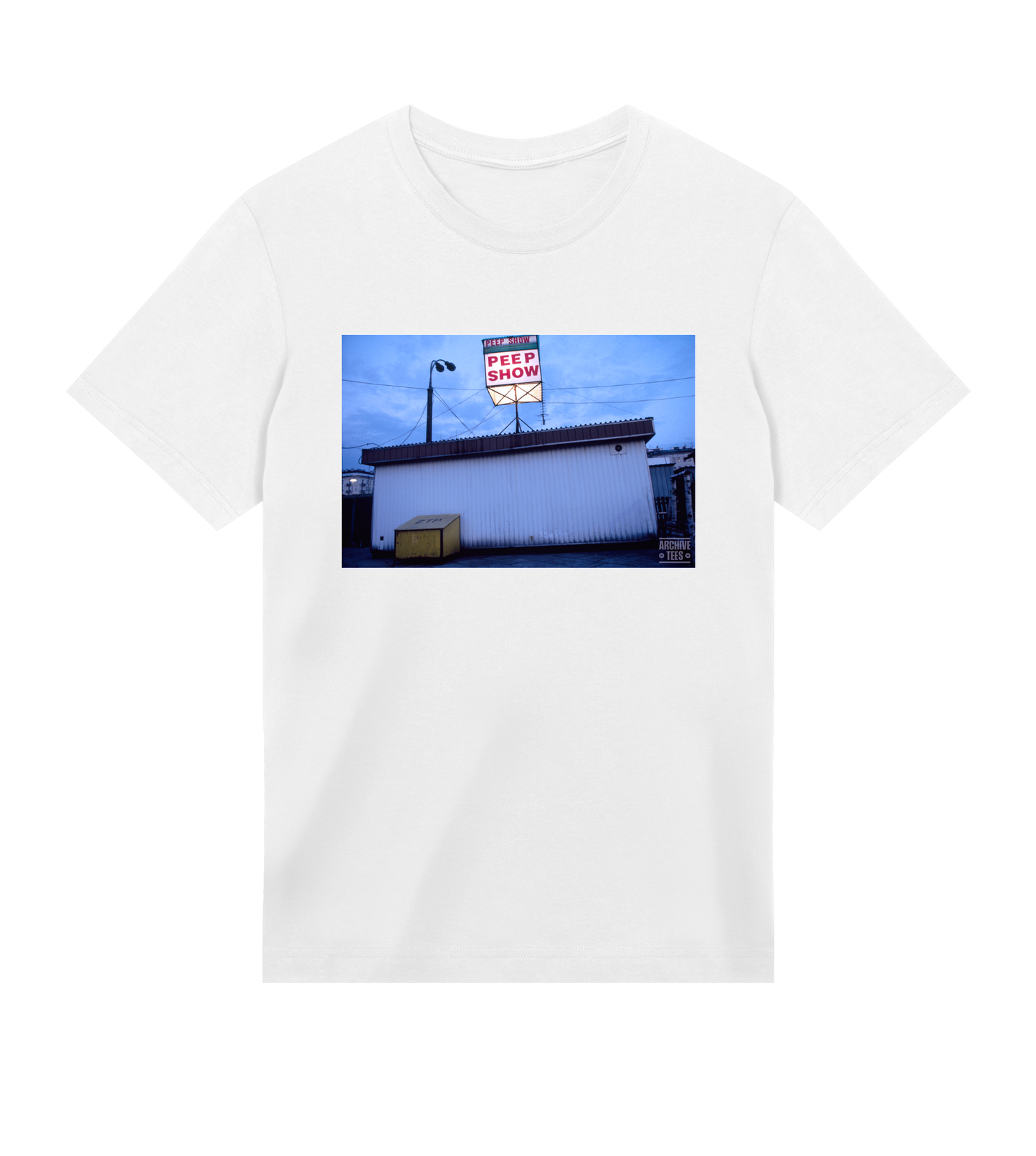 Archive Tees men's T-shirt in white with vintage photograph of Peep Show shed in Warsaw, Poland in 1998. Vintage clubbing T-shirt by Archive Tees. Sold by Archive Tees shop.