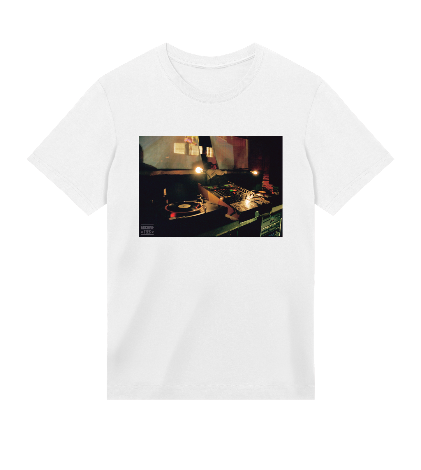 Archive Tees men's T-shirt in white with vintage photograph of DJ booth at Movement Drum and Bass club night at Bar Rumba London in 1998. Vintage clubbing T-shirt by Archive Tees. Sold by Archive Tees shop.