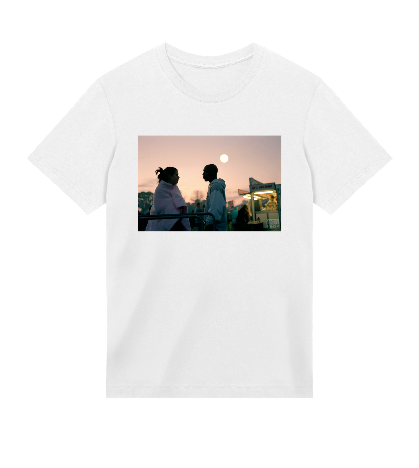 Archive Tees men's T-shirt in white with a vintage picture of a couple at dawn at the Creamfields dance music festival in 1998. Vintage music festival T-shirt. Sold by Archive Tees shop.